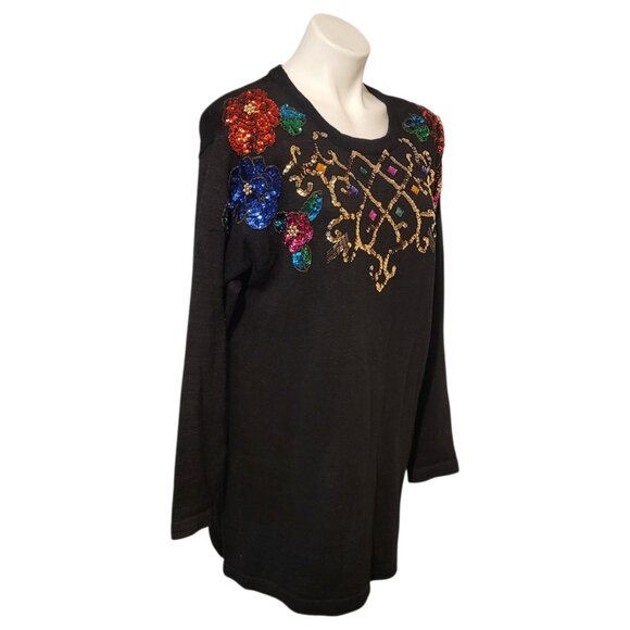 SML Glitz Sequin Sweater Black With Colorful Beading Size Medium 80s - Picture 5 of 6